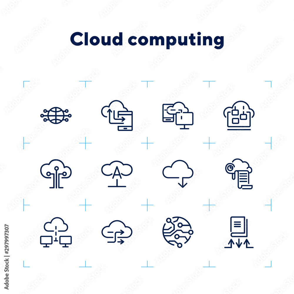 Poster cloud computing line icon set. set of line icons on white background. programming concept. system, s