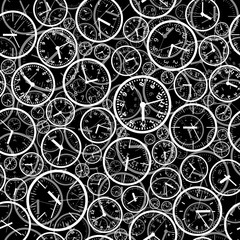 Seamless vector background. Images of watch dials fill the field. Time concept. Vector seamless illustration.