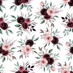 Wall murals Bordeaux Seamless background, floral pattern with watercolor flowers pink and burgundy roses. Repeat fabric wallpaper print texture. Perfectly for wrapped paper, backdrop.