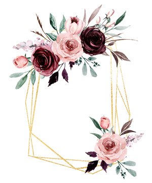 Fototapeta Kwiaty złote geometryczne ramki. Akwarela ręcznie malowana granica kwiatowy z miejscem na tekst z różowymi i bordowymi różami. Pojedynczo na białym tle.