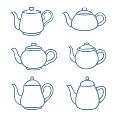 Tea. Teapot hand drawn vector illustrations set. Retro kettles sketch drawings. Part of set.
