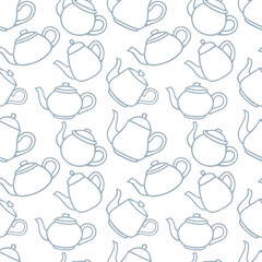Fototapeta na wymiar Tea. Teapots hand drawn seamless pattern. Retro kettles sketch drawing endless texture. 