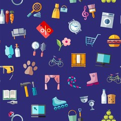 Shops, seamless pattern, color, dark, vector. Different product categories. Colored icons on a dark blue field.   
