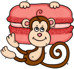 Cute monkey hanging on red macaron