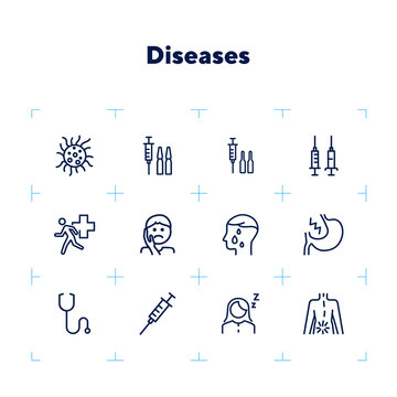 Diseases line icon set. Set of line icons on white background. Healthcare concept. Syringe, injection, bacteria, person, pain. Vector illustration can be used for topics like medicine, health