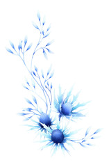 Fantasy winter composition of blue abstract stylized flowers, leaves, herbs hand drawn in watercolor isolated on a white background. Winter watercolor illustration. Fantasy floral composition