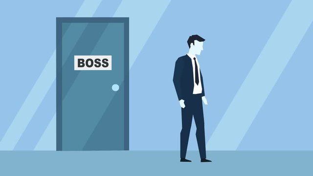 Blue Style Businessman Kicked Out of Work Boss Office Door Flat Cartoon Character Animation
