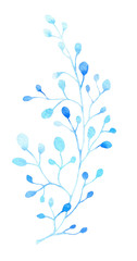 Stylized blue monochrome leafed branch, herb hand drawn in watercolor isolated on a white background. Winter watercolor illustration. Fantasy winter plant. Winter design. Abstract plant