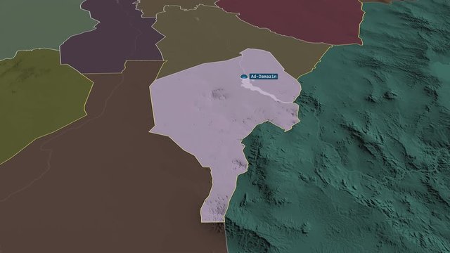 Blue Nile - state of Sudan with its capital zoomed on the administrative map of the globe. Animation 3D