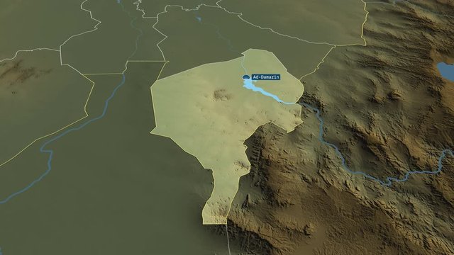 Blue Nile - state of Sudan with its capital zoomed on the physical map of the globe. Animation 3D