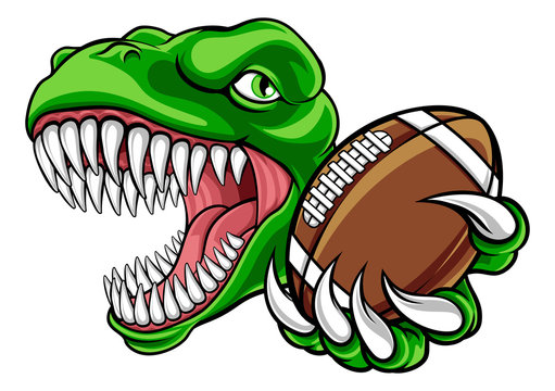 A dinosaur T Rex or raptor American Football player cartoon animal sports mascot holding a ball in its claw