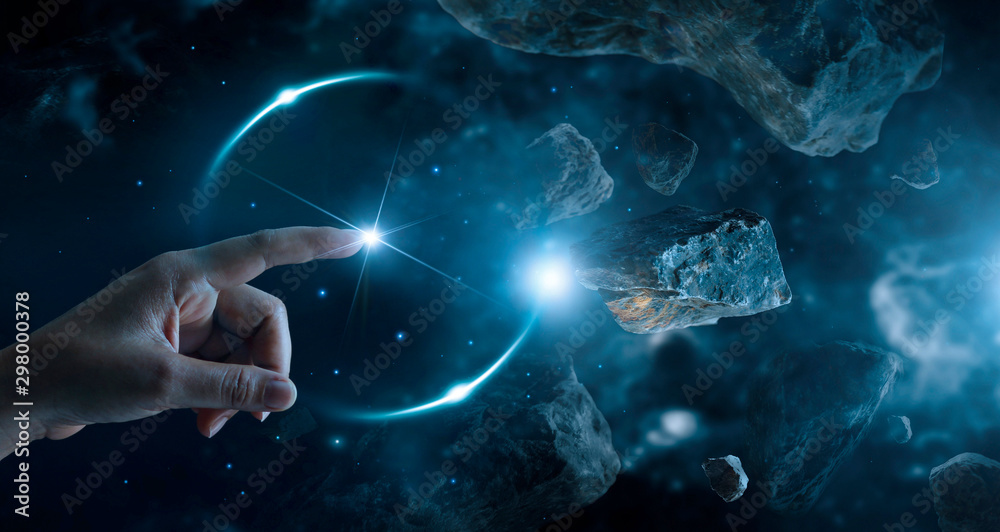 Poster Abstract science, Hand touching science and network connection on planet space background