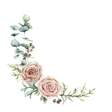 Watercolor pink roses and eucalyptus wreath. Hand painted floral vintage flowers, seeds, juniper and lambs ears isolated on white background. Botanical illustration for design, print or background.