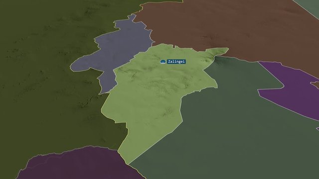 Central Darfur - state of Sudan with its capital zoomed on the administrative map of the globe. Animation 3D