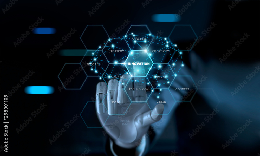 Aufkleber abstract futuristic, businessman mechanical robotic arm touching word innovation and brain on virtua