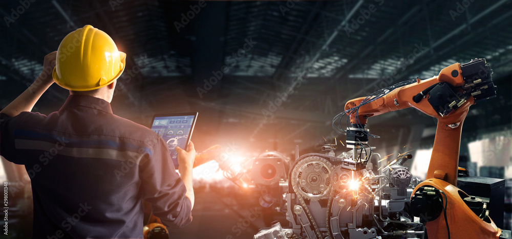 Poster Engineer check and control welding robotics automatic arms machine in intelligent factory automotive industrial with monitoring system software. Digital manufacturing operation. Industry 4.0