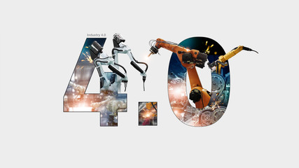 Industry 4.0 concept, iot, automation robot arms machine and monitoring system software, Welding...