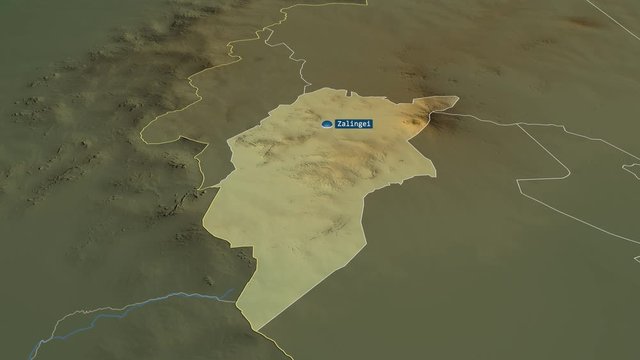 Central Darfur - state of Sudan with its capital zoomed on the physical map of the globe. Animation 3D