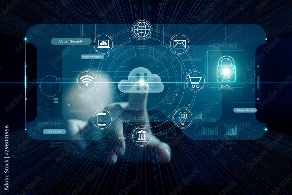 Fototapete Cyber security concept, Hand touching cloud computing and icon network connnection on virtual screen ,icon lock, technology and data protection.