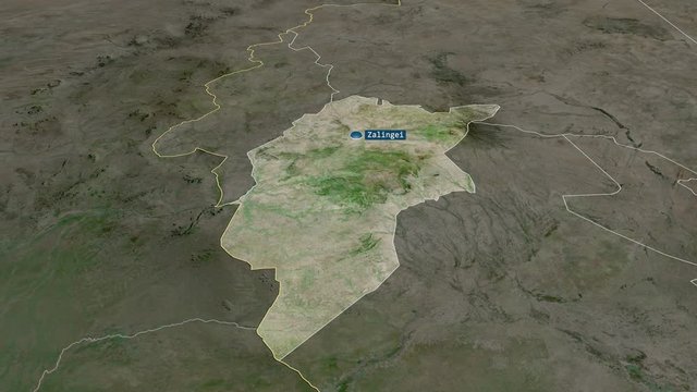 Central Darfur - state of Sudan with its capital zoomed on the satellite map of the globe. Animation 3D