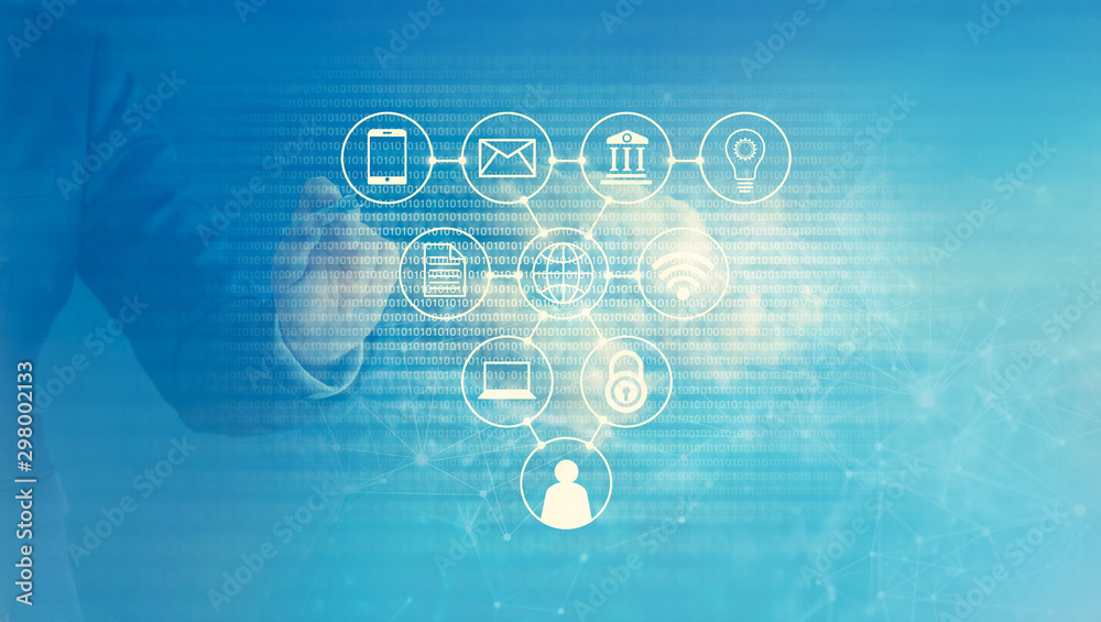 Poster Cloud computing, Businessman touching icon network connection and information from cloud based sever.