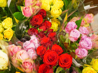 bouquets of flowers. Many bouquets of flowers. Roses, lilies, chrysanthemums. Close-up