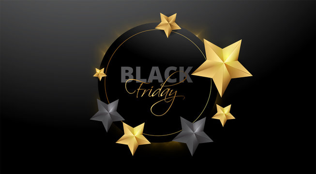 Black friday lettering, dark and gold stars around on black background. Can be used as poster or template design.
