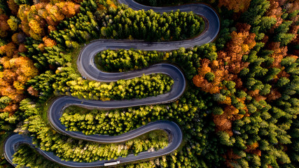 Drone view - Aerial view of autumn forest road. Top view of beautiful asphalt roadway