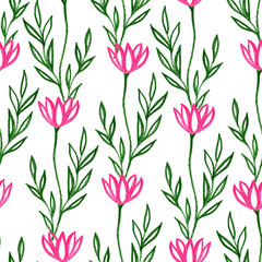Pattern seamless with colored cartoon flowers tulip on white background, for material, postcards, invitations, greeting cards, clothes, paper, holiday, wallpaper, textile. Drawn by pencils