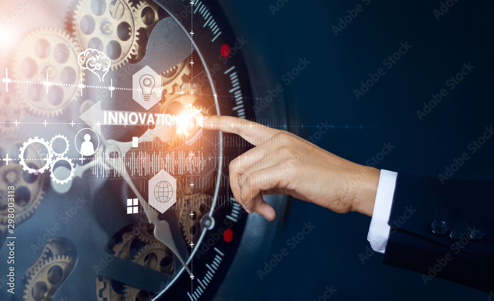 Poster businessman touching cog watch of innovation and technologies in futuristic, abstract symbol, time o