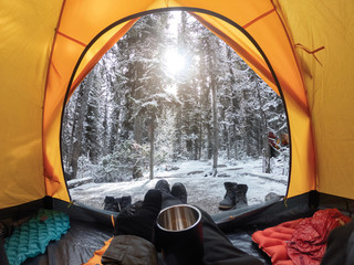 Camping with hand holding cup in yellow tent with snow in pine forest © Mumemories
