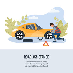 Naklejka premium Road assistance. Mechanic changing wheel on a roadside. Banner for insurance or roadside service. Flat vector illustration.