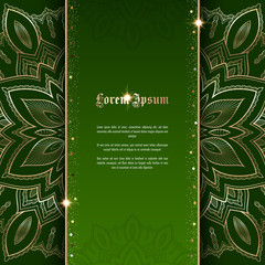 Greeting card or invitation template with golden ornament and confetti. Design for any purposes: wedding, birthday, anniversary or christmas