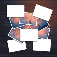 Stack of photos on wood background with empty place for  inscription. Template for cover. Print and save memories. Inspiration board with photo collage