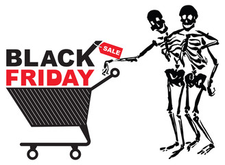 Black Friday vector illustrations. Funny skeletons with supermarket trolley.