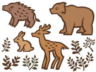 森のレストラン 動物達と料理の切り絵風イラストセット エキゾチック 線画 Animal Wall Mural Anim Nora Hachio