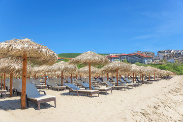 View of the sand beach in tourist complex in Sveti Vlas, Bulgaria.