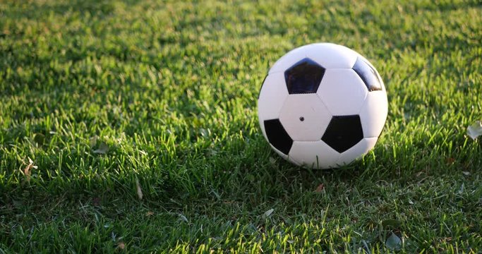 A black and white soccer ball or football on a green sports field in the sunlight during a game.