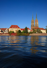 Wroclaw at Odra river with cathedral on the background.