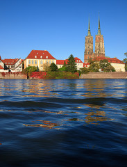 Wroclaw at Odra river with cathedral on the background.