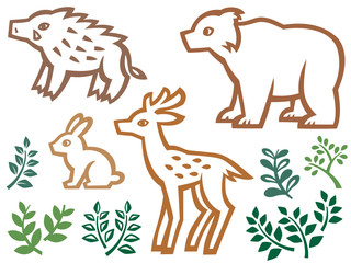 森の動物たちの切り絵風イラストセット（エキゾチック・線画）
