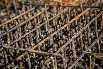 Industrial background. Preparation for pouring concrete. Construction of buildings of reinforced concrete.steel reinforcement bar texture in construction site,Closeup of Steel rebars