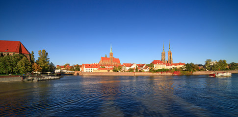 Wroclaw at Odra river with cathedral on the background.