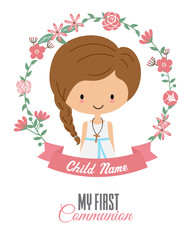My first communion card. Girl inside a flower frame
