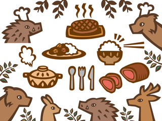 森のレストラン　動物達と料理の切り絵風イラストセット