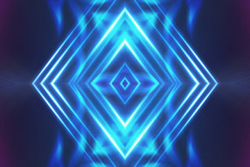 Dark abstract futuristic background. Neon lines glow. Neon lines, shapes. Multi-colored glow, blurry lights, bokeh. Empty stage background