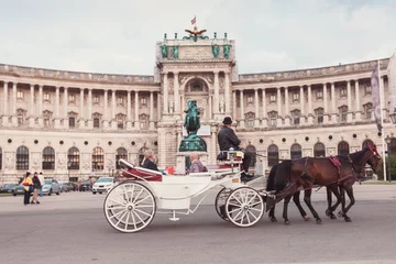 Foto op Plexiglas Hofburgpaleis en Heldenplatz met een passerende koets met een paar paarden, Wenen, Oostenrijk © LALSSTOCK