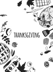 Hand drawn autumn holidays illustration. Creative ink art work. Actual vector black and white drawing. Thanksgiving Day set: food, drinks, things