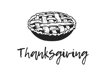 Hand drawn autumn holidays illustration. Creative ink art work. Actual vector black and white drawing. Thanksgiving Day Pumpkin Pie