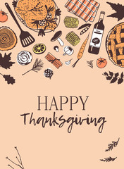 Hand drawn autumn holidays illustration. Creative ink art work. Actual vector drawing. Thanksgiving Day set: food, drinks, things